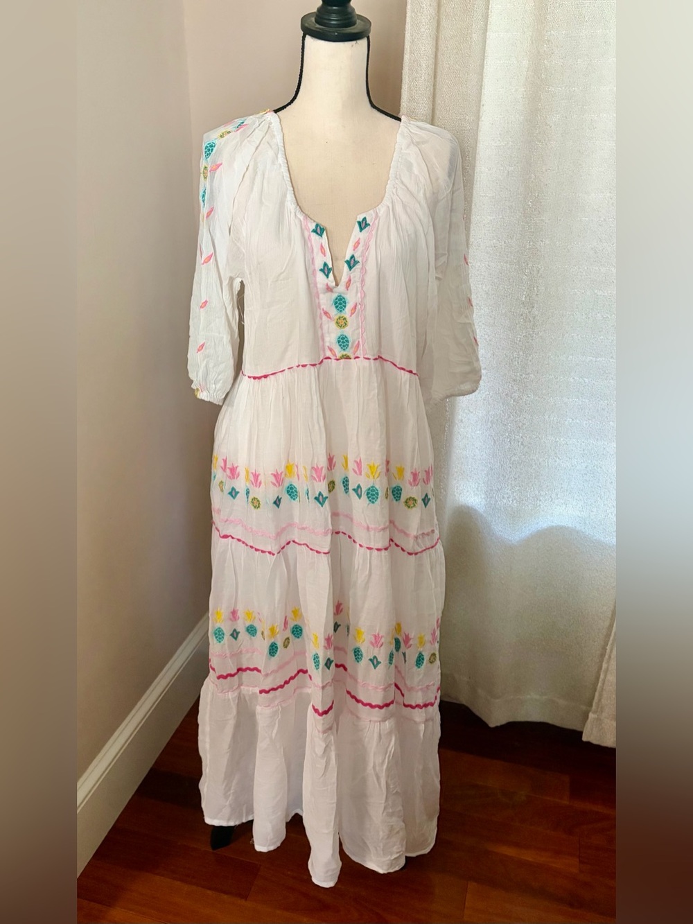 Simply Southern White Maxi Dress with Pink, Turquoise & Yellow Embroidery  NWOT